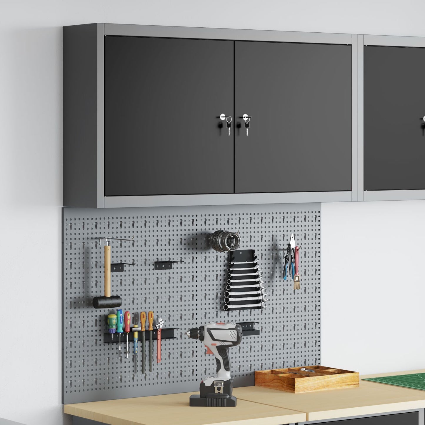 Set Di Armadietti E Pannello Attrezzi Da Parete In Metallo Nero A 3 Pezzi Rosso