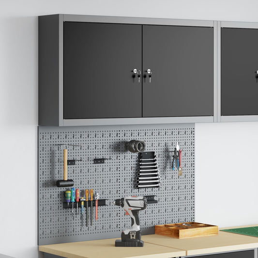 Set Di Armadietti E Pannello Attrezzi Da Parete In Metallo Nero A 3 Pezzi Rosso