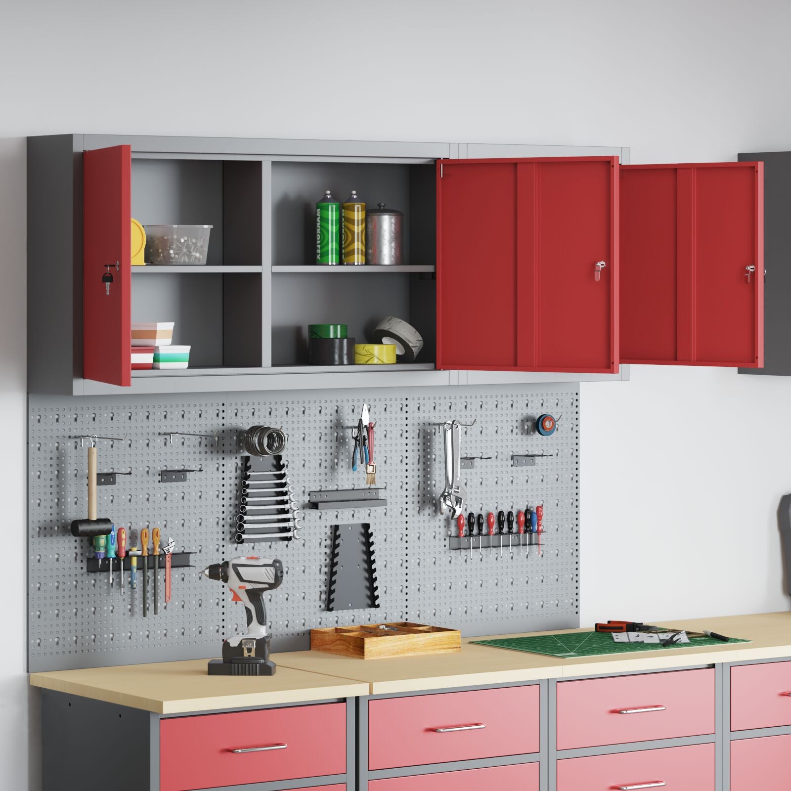 Set Di Armadietto Per Attrezzi E Pannello Forato Da 5 Pezzi Montato A Muro Rosso In Metallo Rosso