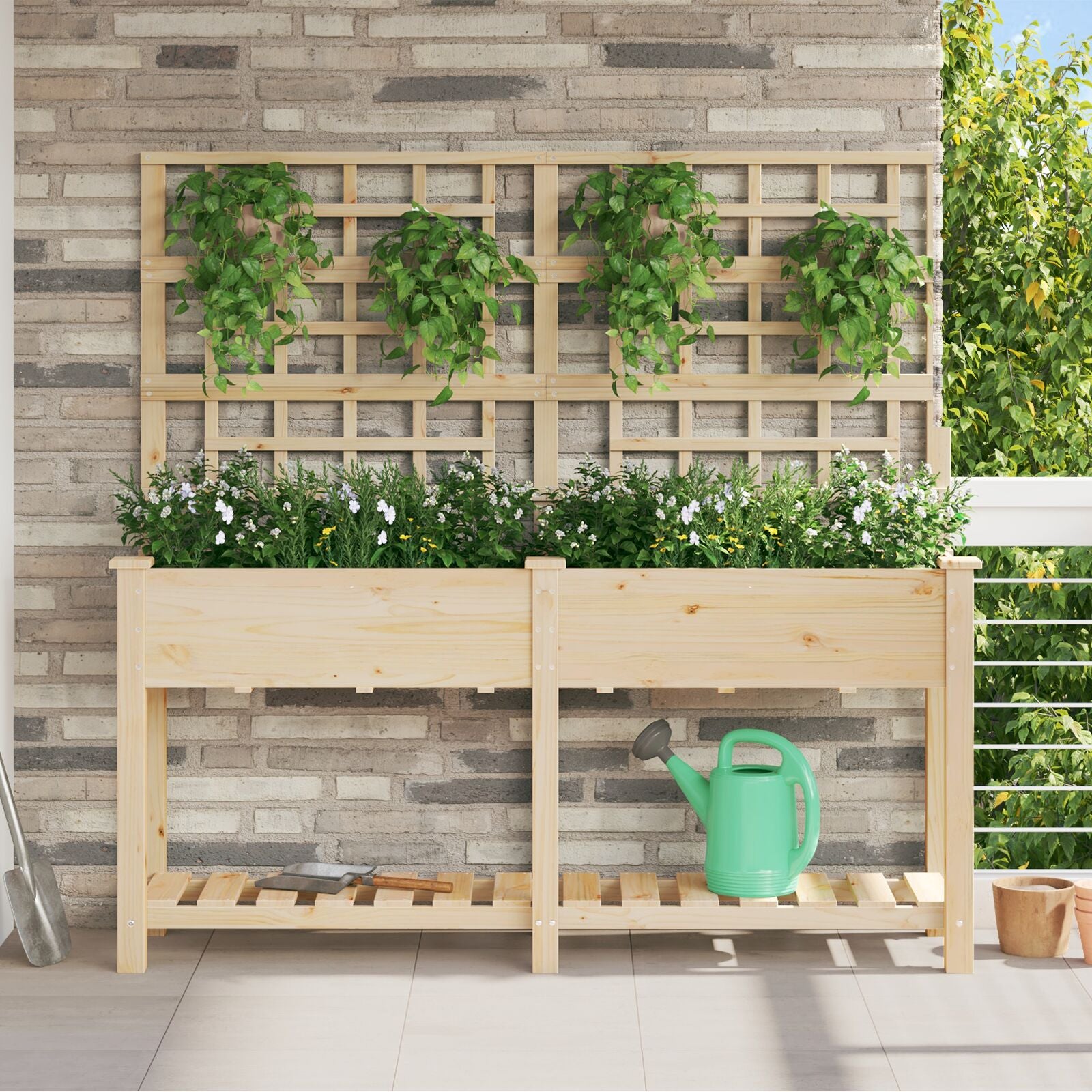 Fioriera Da Giardino Con Trellis E Ripiano 71X37X152 Cm In Legno Massello Di Abete