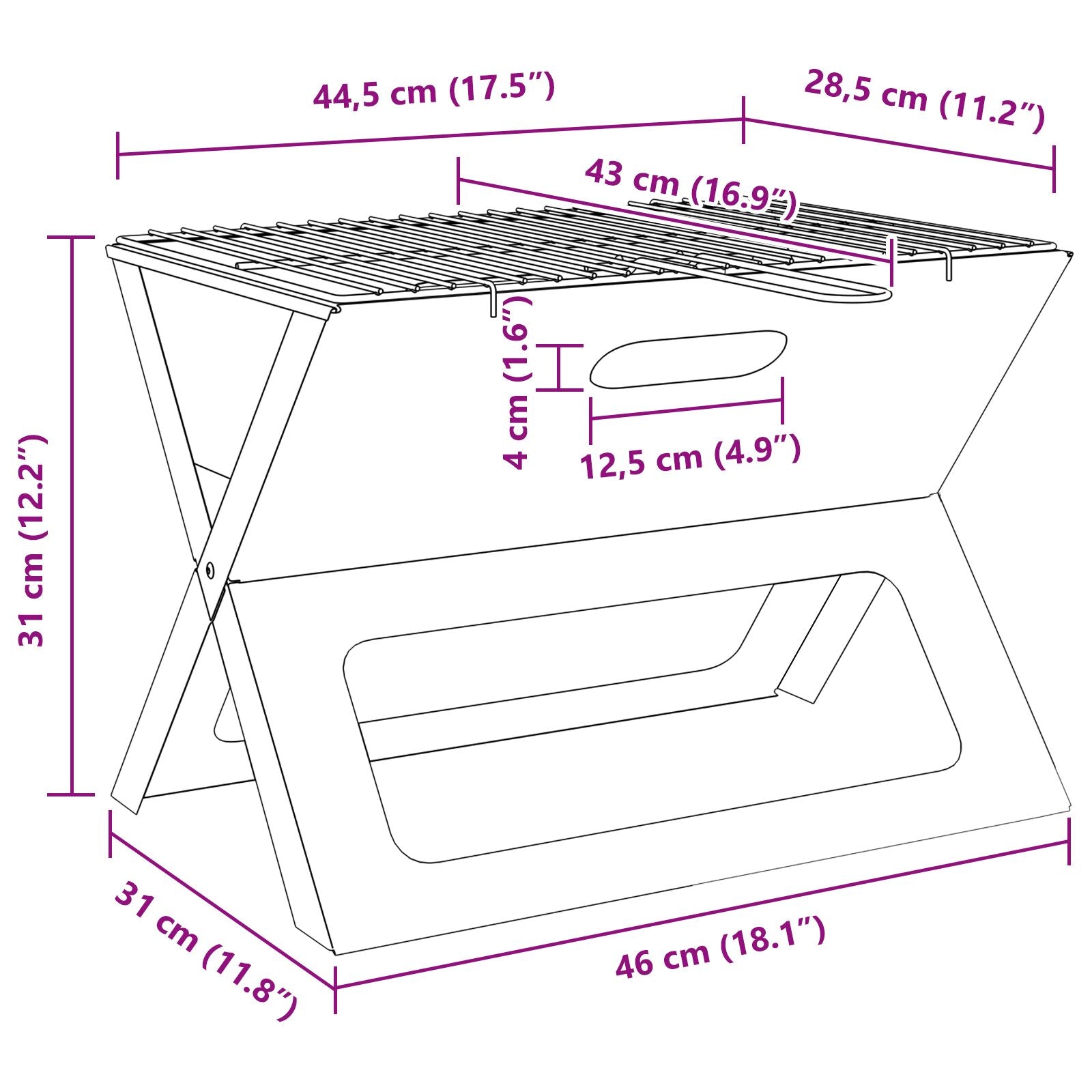 Griglia Bbq A Carbone - Pieghevole, Nera, 46X30X31 Cm, Realizzata In Acciaio