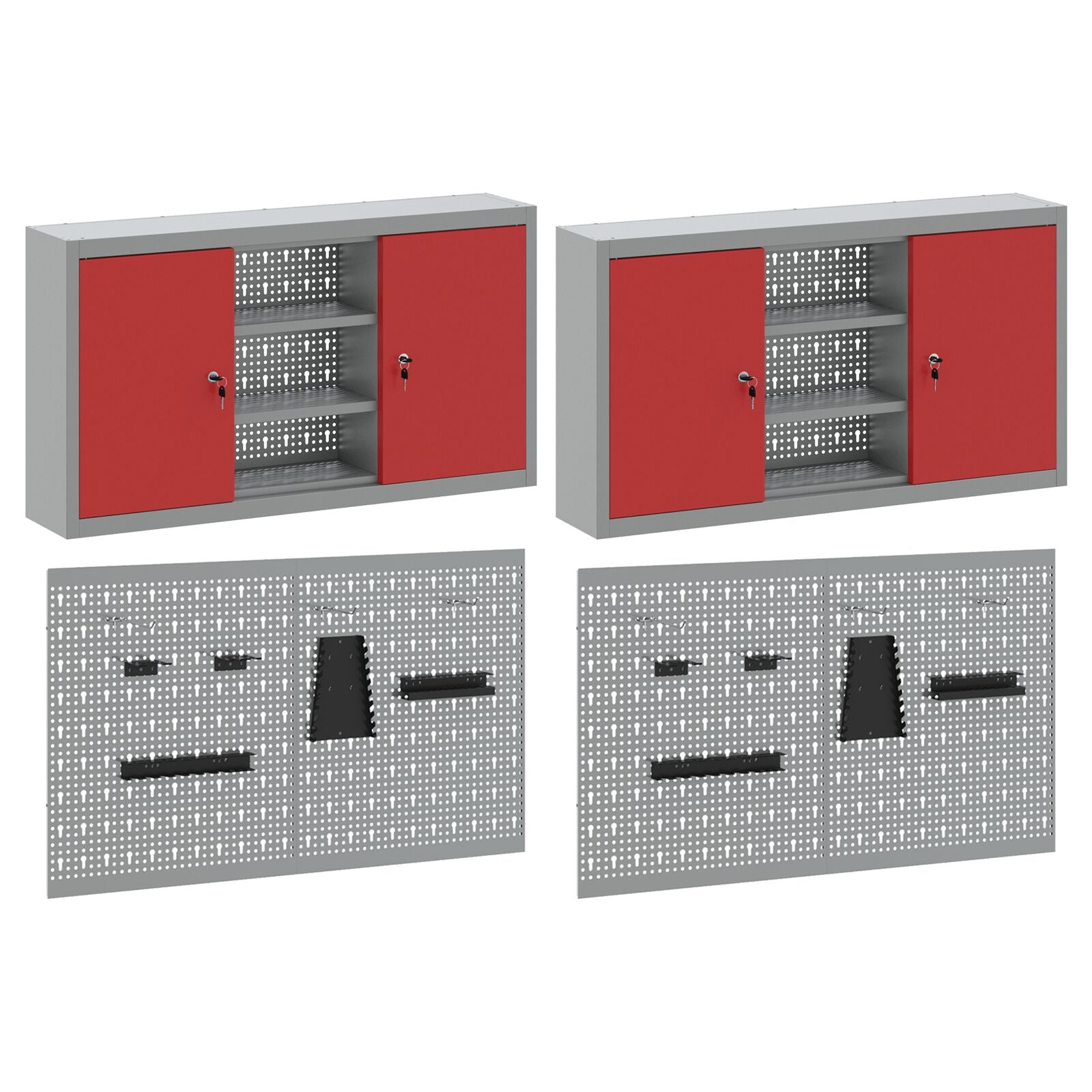 Set Di Attrezzi E Pannello Forato Da Parete In Metallo Rosso, 4 Pezzi Rosso