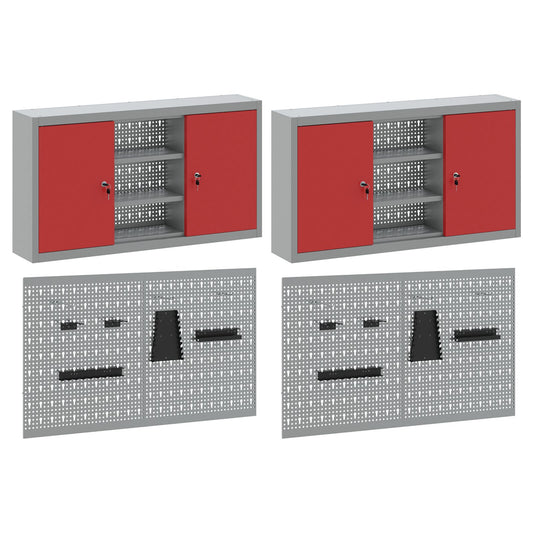 Set Di Attrezzi E Pannello Forato Da Parete In Metallo Rosso, 4 Pezzi Rosso
