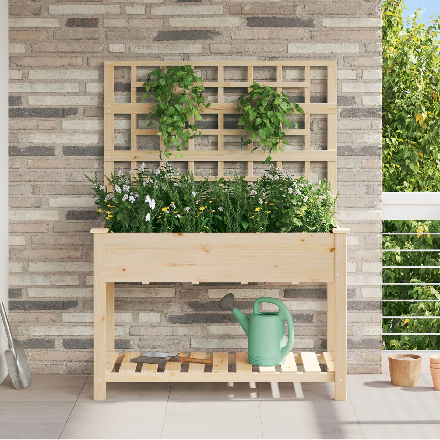 Fioriera Da Giardino Con Trellis E Ripiano 71X37X152 Cm In Legno Massello Di Abete