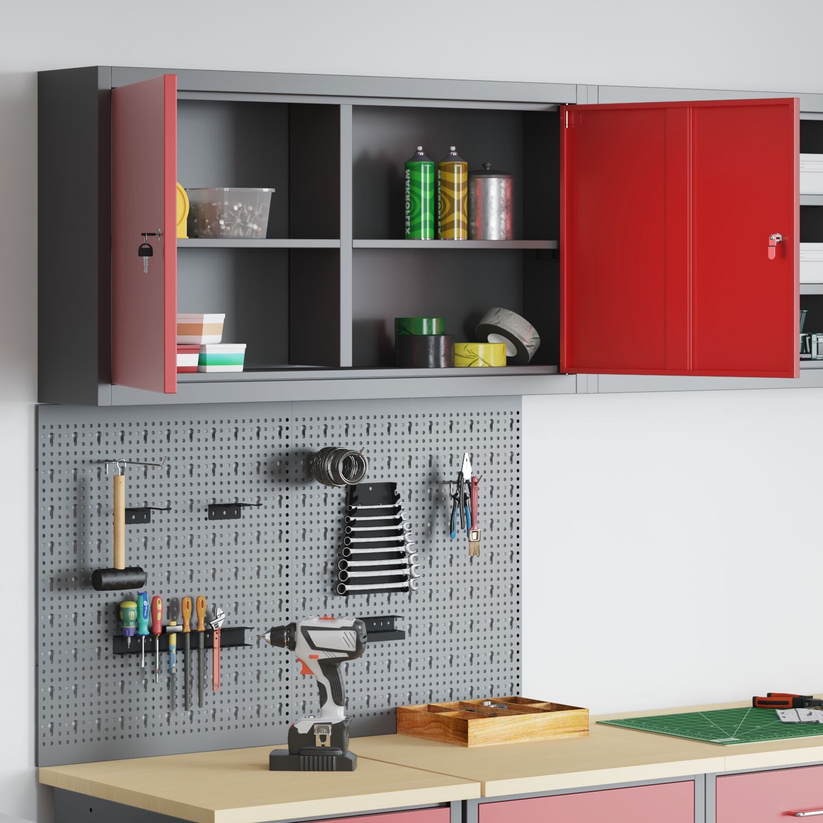 Set Di 3 Pezzi Di Armadietto Attrezzi E Pannello Porta Attrezzi Montato A Parete In Metallo Rosso Rosso