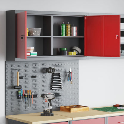 Set Di 3 Pezzi Di Armadietto Attrezzi E Pannello Porta Attrezzi Montato A Parete In Metallo Rosso Rosso