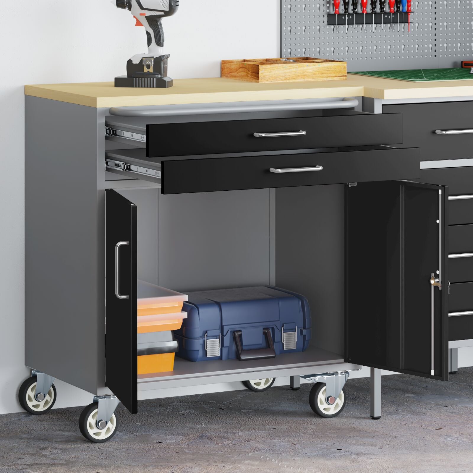 Armadio Portattrezzi  Con Ruote E Chiusura Nero 75X45X85 Cm Acciaio