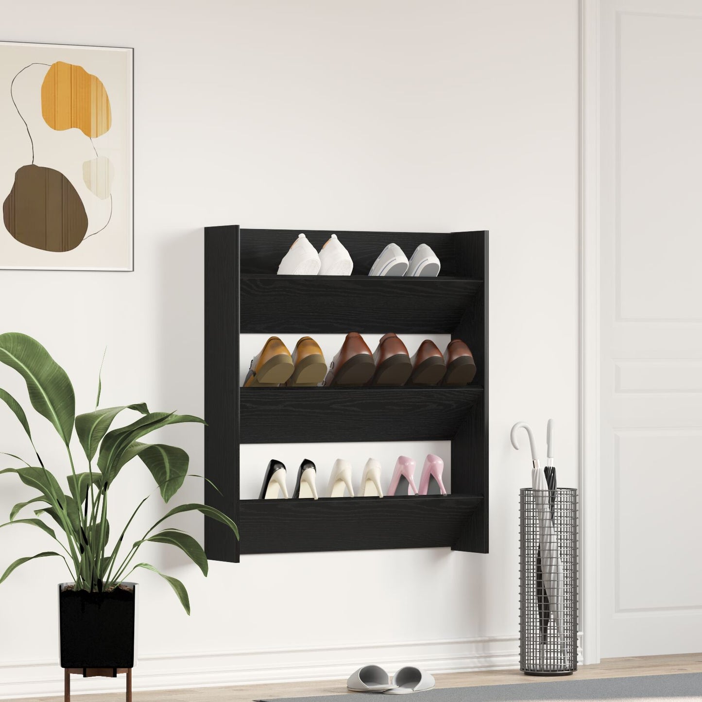 Armadio Per Scarpe  Nero Rovere 80X18X90 Cm In Legno Ingegnerizzato