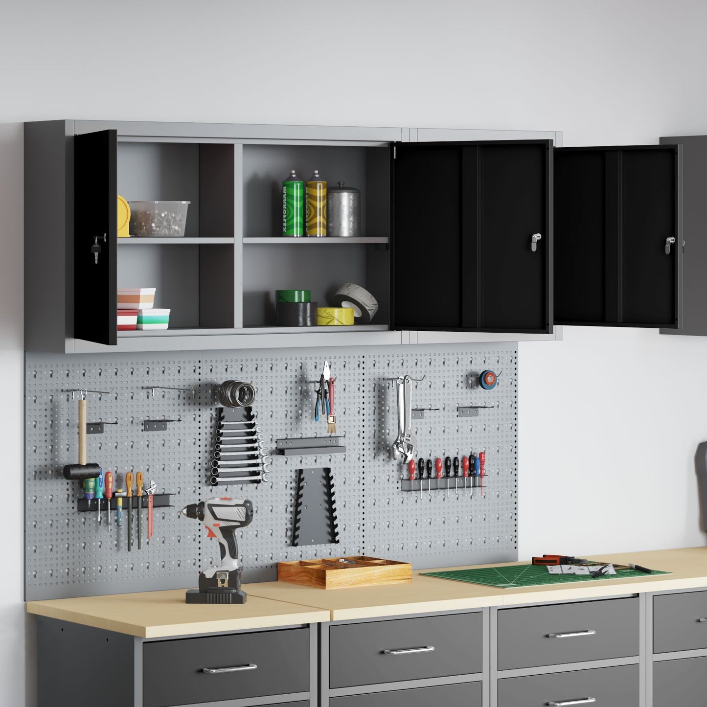 Set Da 5 Pezzi Di Armadio Per Utensili E Pannello Magnetico Da Montare A Muro In Metallo Nero Rosso
