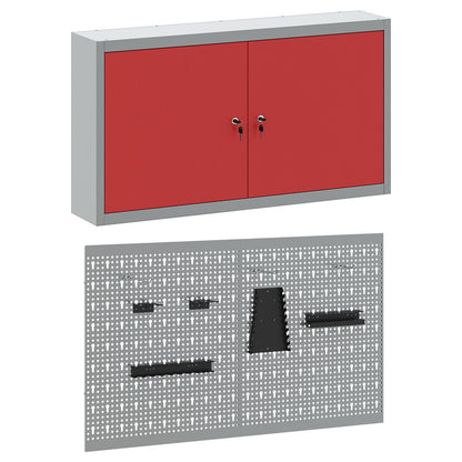 Set Di 3 Pezzi Di Armadietto Attrezzi E Pannello Porta Attrezzi Montato A Parete In Metallo Rosso Rosso