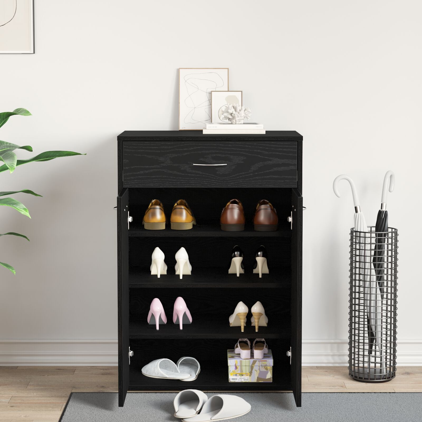 Armadio Scarpe  Nero Rovere 60X35X84 Cm In Legno Ingegnerizzato