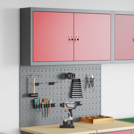 Set Di 3 Pezzi Di Armadietto Attrezzi E Pannello Porta Attrezzi Montato A Parete In Metallo Rosso Rosso