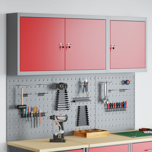 Set Di Armadietto Per Attrezzi E Pannello Forato Da 5 Pezzi Montato A Muro Rosso In Metallo Rosso